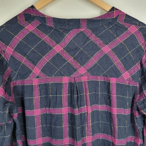 Rails Redding Plaid Top Black Wine Gold Medium Rayon Linen Half Button - Picture 7 of 7